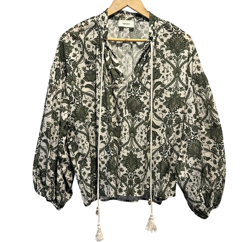 Vicolo Paisley Cotton Balloon Sleeve Blouse Womens M Tassel Boho‎ Italy Cottage